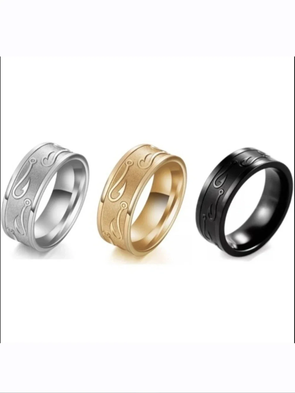 Tungsten Carbide FISHING HOOK Fisherman Angling Gold Silver Black 8mm Band Ring